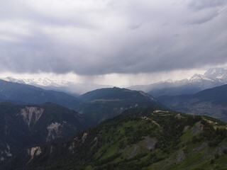 Aerial view of Greater Caucasus ridgelines and valleys in Georgia