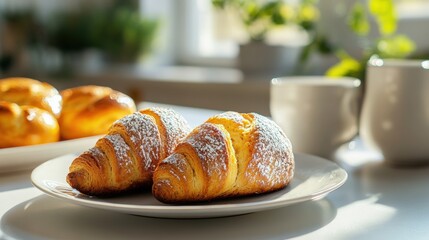Freshly baked croissants dusted with powdered sugar on a white plate, breakfast scene with cups and