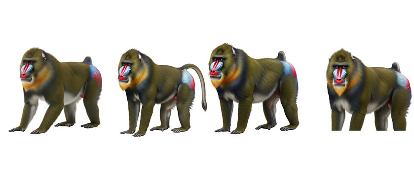 A set of four male mandrill monkeys shown in different poses isolated on a white background.