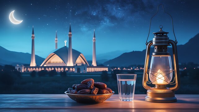 Ramadan Iftar with Lantern and King Faisal Mosque View for Social Media Banner and Promotional JPG Background