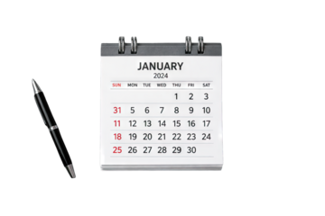 A calendar showing january 2021 with small numbers and a black pen lying next to it on a white  background PNG
