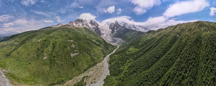 Aerial alpine valley near Ushba and Chalaadi Glacier, Svaneti, Georgia