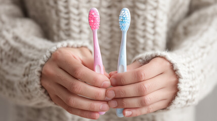 Couple holding colorful toothbrushes hygiene concept