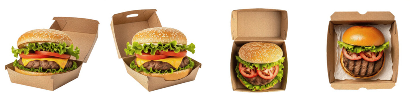 Isolated Burger in Cardboard Box PNG, Realistic Cheeseburger Fast Food Takeout Template, Gourmet Hamburger Packaging Mockup, 3D Render Food Branding Bundle
