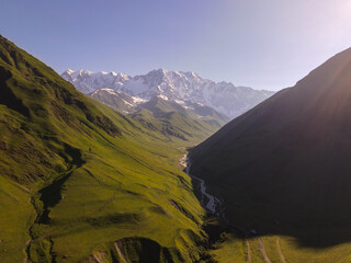 Aerial valley and Ushba massif in the Greater Caucasus, Georgia