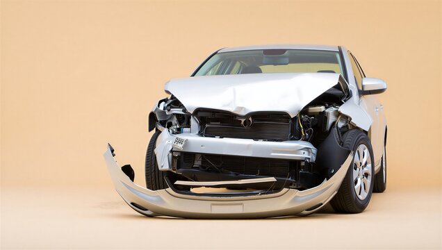 Wrecked silver car front collision