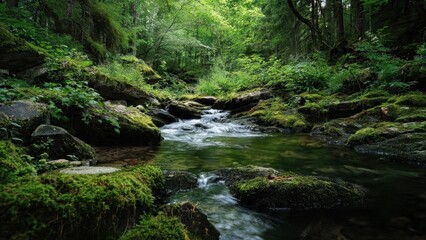 Serene creek flowing through a lush forest.