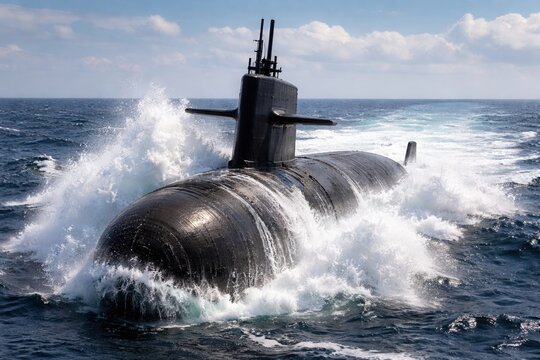 Submarine surfacing through ocean waves, Military submarine emerging from the ocean, surrounded by splashing waves under clear sky, naval technology concept, high detail, maritime defense
