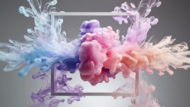Colorful ink splashes around a transparent square frame on a gray gradient background