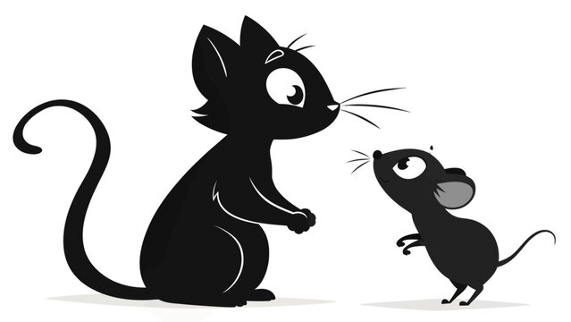 Whimsical black silhouette cartoon cat and mouse characters facing each other with curious expressions isolated on a clean white background representing friendship and playful
