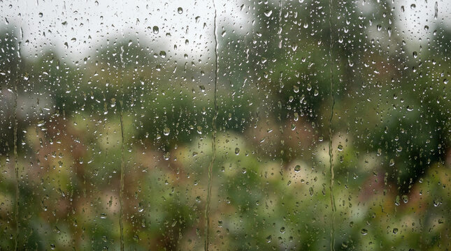 Spring Rain Drops on Window Glass. Crystal clear raindrops streaming down window glass with blurred green garden bokeh background