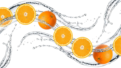 Oranges and orange slices with splashing water isolated on a transparent background fruit 1