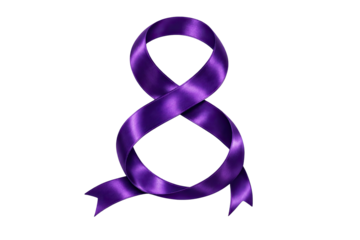 A purple ribbon folded into an infinity symbol or figure eight shape is presented against a plain white backdrop