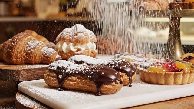 Fresh Pastries with Powdered Sugar, Dessert, Bakery, and Sweet Food