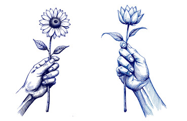 Set of Hands holding flowers in blue ink vintage sketch for International Women's Day  