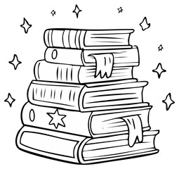 Fototapeta premium Stack of books with bookmarks surrounded by stars, an illustration suitable for coloring books and educational resources