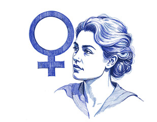 Vintage sketch of a woman in blue ink with female symbol background  