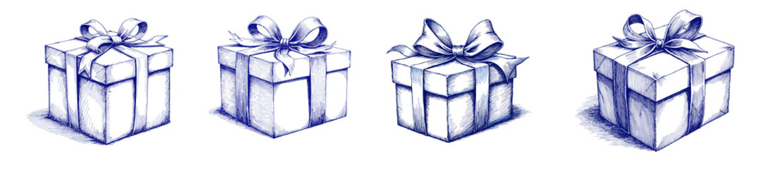 Set of Vintage sketch of gift boxes with blue ink for International Women's Day  
