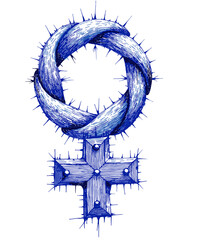 Vintage sketch in blue ink of interlinked female symbols for International Women's Day  