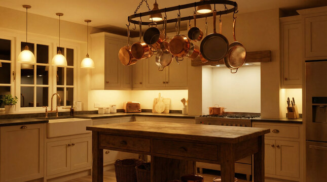 Copper Kitchen Cookware Collection. Gleaming copper pots and pans hanging on rack with warm ambient kitchen lighting