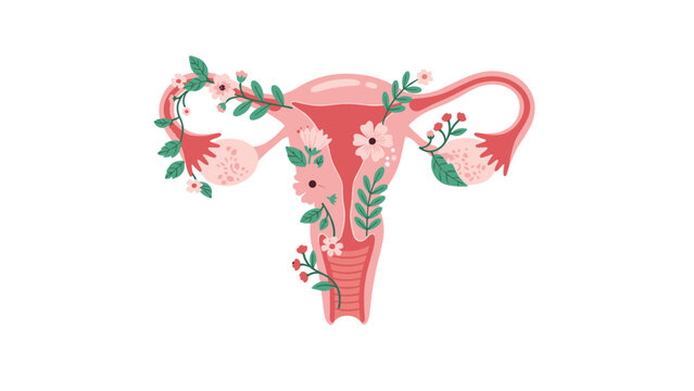 Stylized illustration of a healthy female uterus and fallopian tubes embraced by blossoming pink flowers and green leaves, representing reproductive wellness and nature.