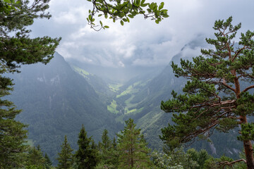 Alpine valley view framing lush green landscape in Uri, Switzerland