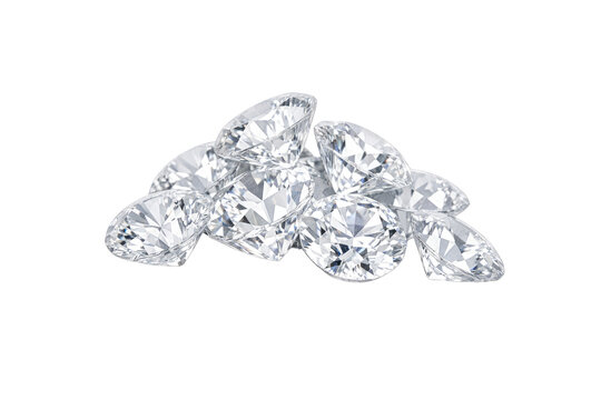 A collection of small, clear, multifaceted gems or stones are clustered together in a pile on a white surface with soft shadows