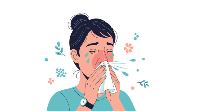 Uncomfortable woman sneezing into a tissue, with red irritation around her nose and scattered pollen and flowers, depicting severe allergy symptoms.