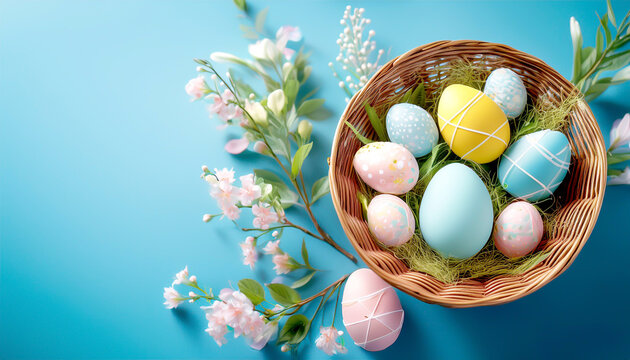 Bunter Osterkorb mit pastellfarbenen Eiern und Bl&uuml;tenzweigen auf blauem Hintergrund