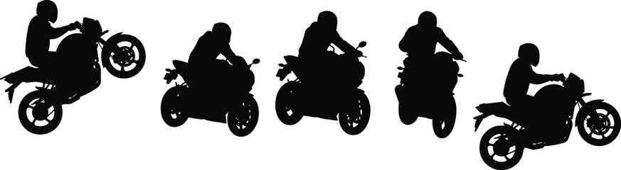 Motorcycle stunt rider performing wheelie sequence, silhouette design, extreme sport, high‑speed action, adrenaline, outdoor activity, illustration © crazycollection