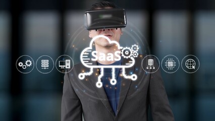 A business professional immerses in virtual reality, exploring innovative software solutions, showcasing modern technology and trends in a corporate environment. Raster