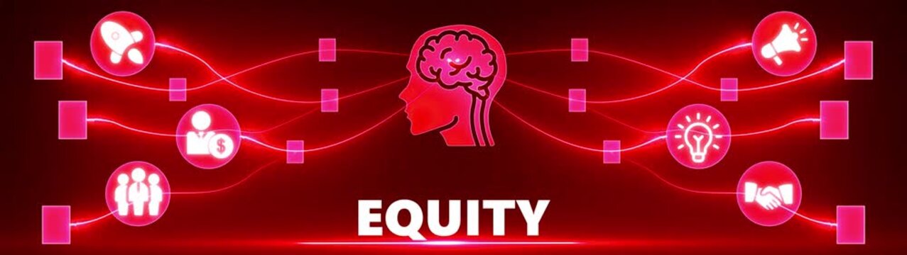 Red abstract infographic with brain and icons representing equity and business concepts finance