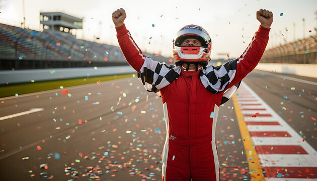 Racing car driver celebrating victory with confetti on the track.