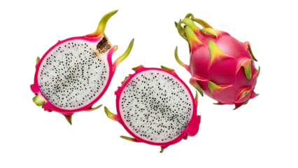 Pink dragon fruit and two halves showing white interior with black seeds isolated on a transparent background 1