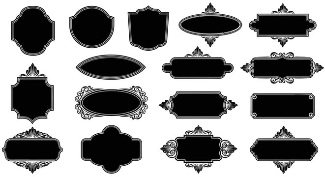 Collection of ornate black frames and labels with traditional Thai decorative borders, isolated on white background, featuring various elegant shapes and styles for design elements.