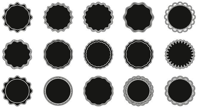 A set of fifteen black circular badges with various decorative borders and frames, Isolated on transparent background