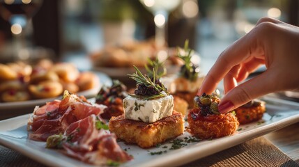 Naklejka premium Hand placing garnish on gourmet canapes arranged on a decorative plate, showcasing various toppings and colorful ingredients in an elegant presentation 