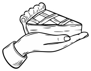 Hand holding a slice of lattice crust pie black and white line art illustration