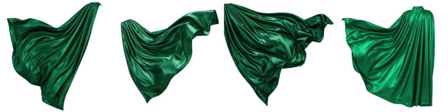 Flying Cape PNG Bundle, Isolated Realistic Superhero Cloak Set, Satin Fabric Fluttering in Wind, 3D Render Drapery, Gold Red Blue Black Green Costume Apparel Bundle