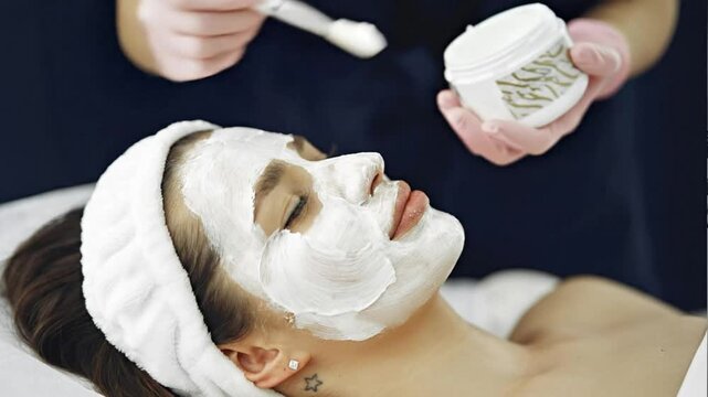 Woman receiving facial treatment with mask application in a serene spa environment from a close-up viewpoint