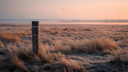 Frosty landscape with grass and wooden post at sunrise  