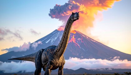 Fototapeta premium A dinosaur standing in front of a volcanic eruption with a mountainous landscape during sunrise