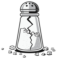 Cracked Salt Shaker with Salt Scattered around in Black and White