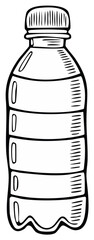 Black and white cartoon of a water bottle, plastic container, drink