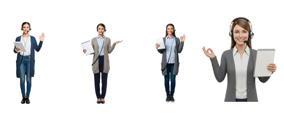 Obraz premium Collection of a smiling female customer service agent with a headset in various poses isolated on a white background.