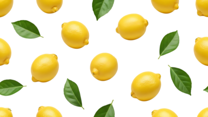 Lemons and green leaves on black isolated on a transparent background yellow lemons citrus fruits 1 floating fruit pattern