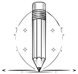 Hand drawn illustration of a pencil with stars and a radiating circle symbolizing creativity and ideas