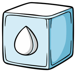Simple cartoon illustration of a blue ice cube with a water drop symbol