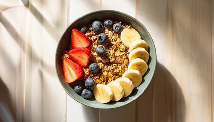 top view of a healthy and delicious breakfast bowl with fresh granola strawberries blueberries and bananas in bright natural sunlight