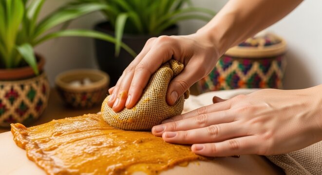 Spa therapist massaging client back with herbal compress ball and yellow turmeric paste. Traditional Ayurvedic body treatment close up